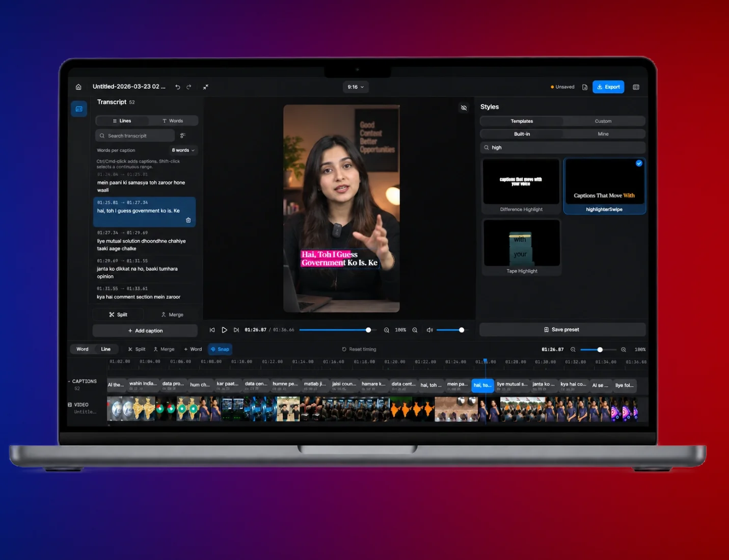 ReelSync caption editor with transcript, video preview and styles