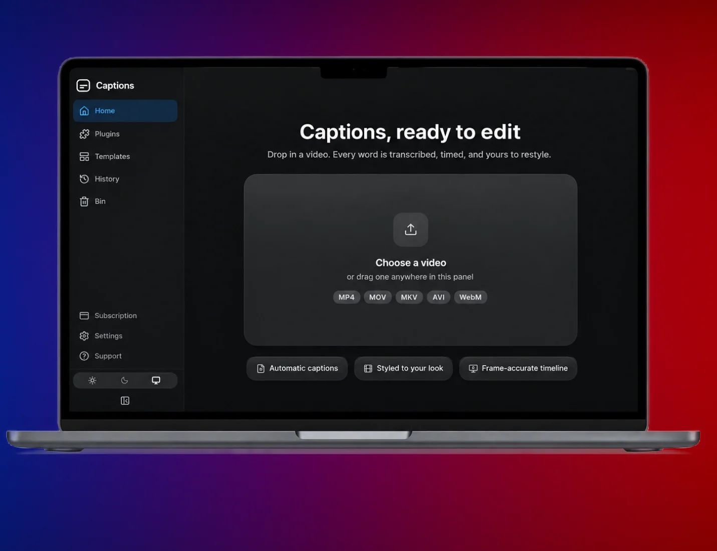 ReelSync home screen for uploading a video and generating captions