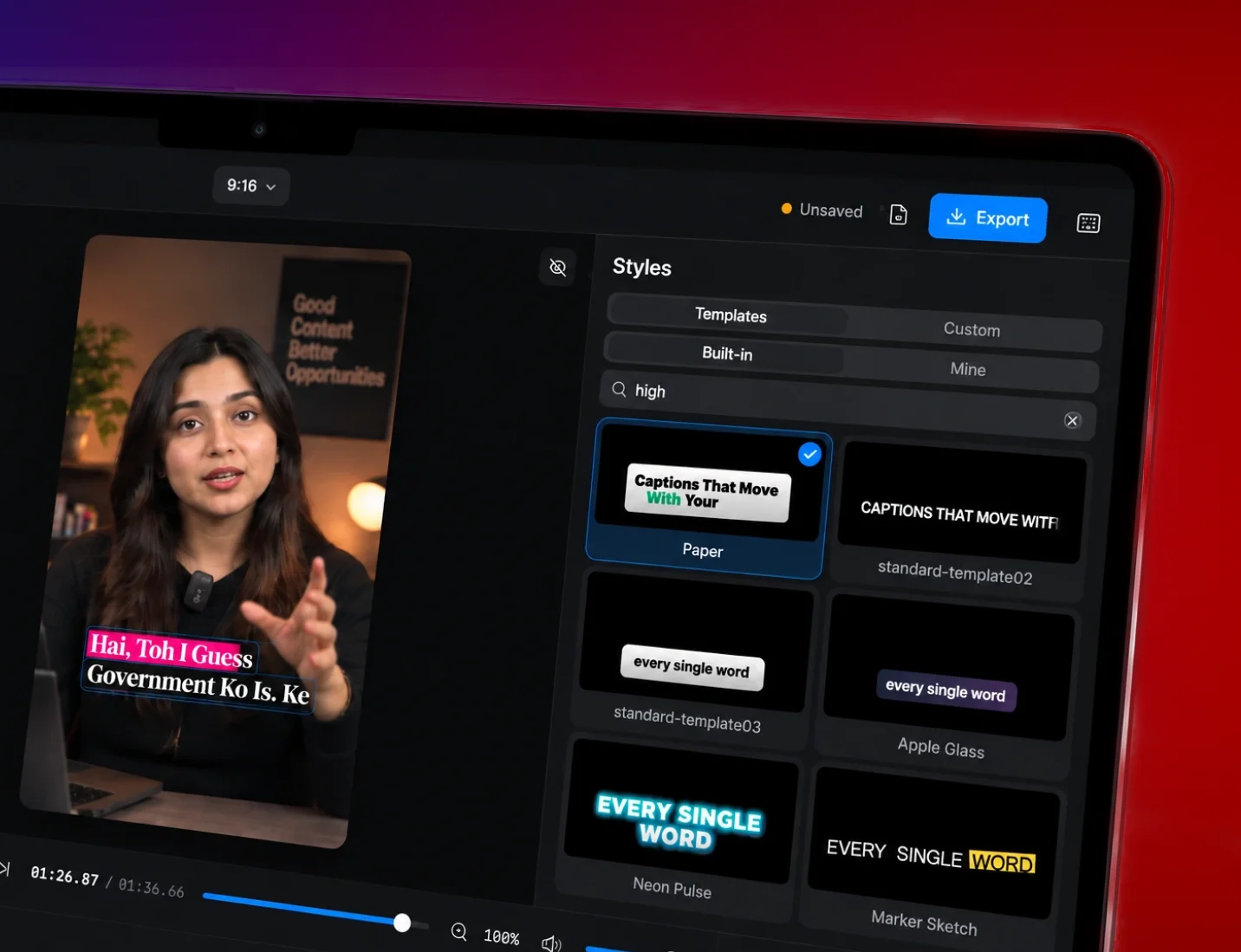 ReelSync caption template picker and video preview