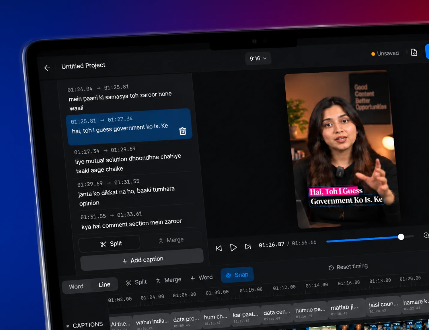 ReelSync word-level caption timing timeline