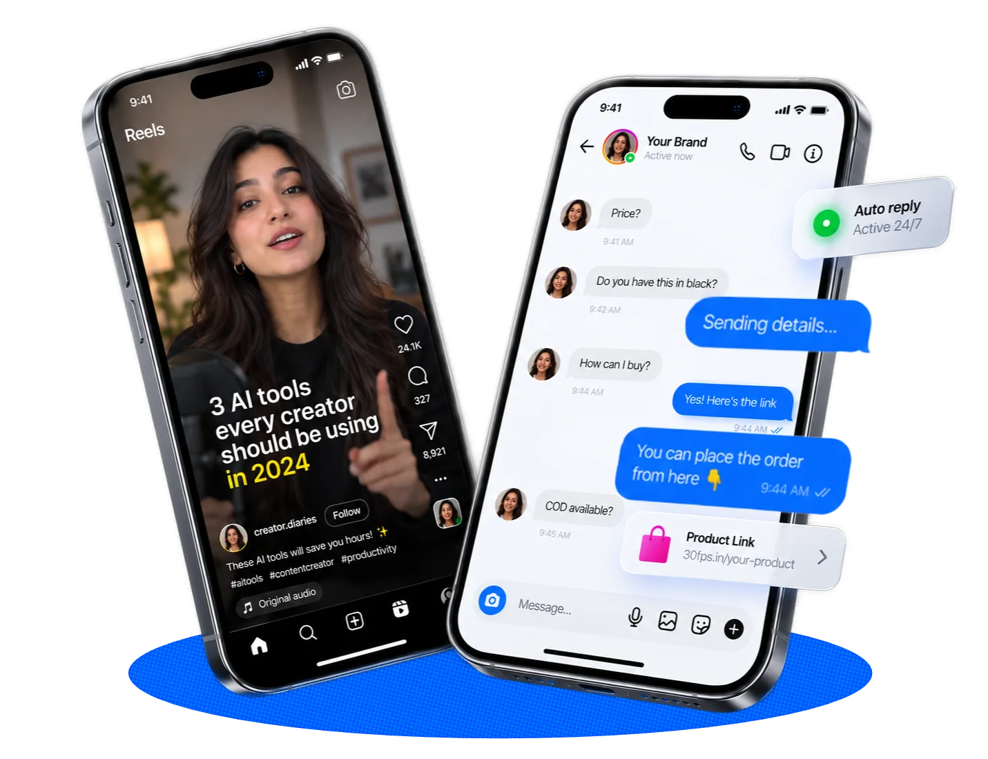 Two phones showing a captioned Reel and automatic Instagram direct-message replies